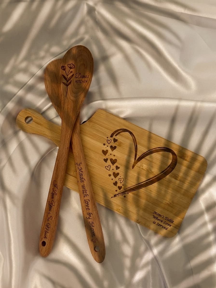 Engraved heart cutting board and spoon set